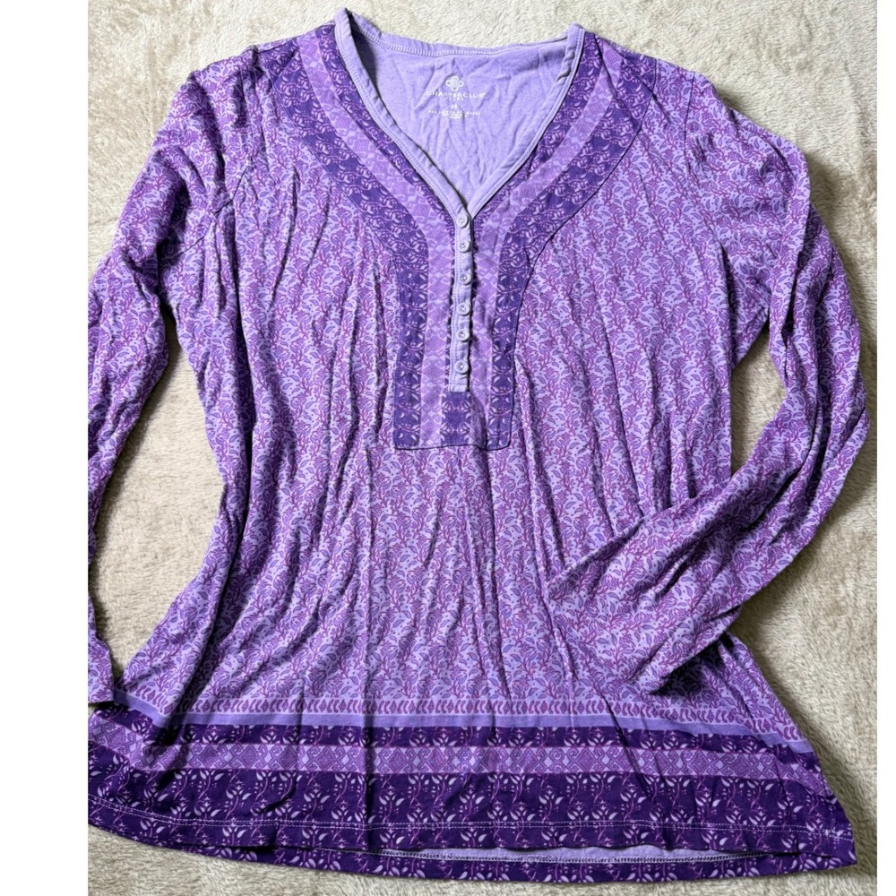 Charter Club Jeans Purple Floral Henley Top Long Sleeve Size M Boho Cottagecore